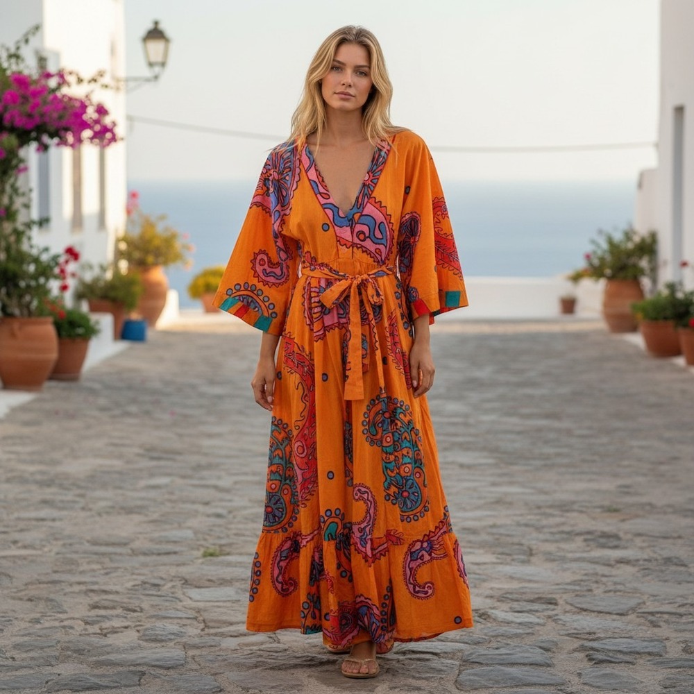 Karavan Orange Paisley Psychedelic Maxi Dress Kimono Sleeve Boho Button Front